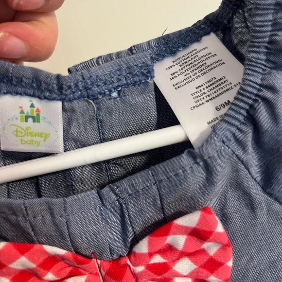 Disney Baby Blue Red Chambray Bow Floral Minnie Mouse Scalloped Dress 6-9 Months - Picture 6 of 6
